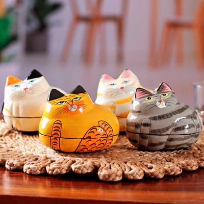 Papier mache cat box, Set of 4 ,Handmade Easter Decoration, handmade cat box, paper mache box, paper mache trinket box, hand painted papier mache box